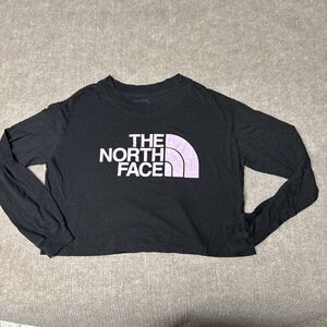 North Face Womens M Long Sleeve Black Crop Top Logo Spellout